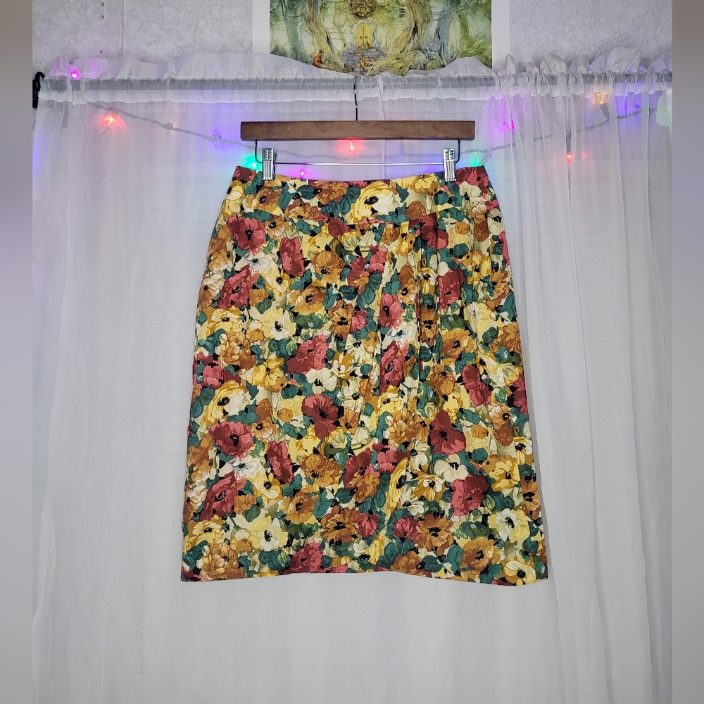 Cottage Core Floral Poppie Skirt Size 14 100% Cotton Made In USA Vintage Granny